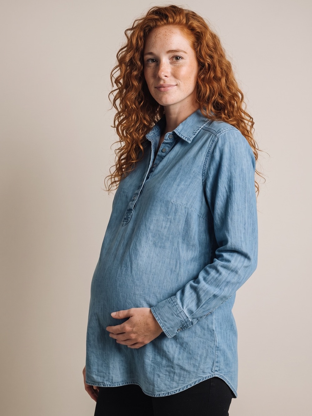 Liz Lange Maternity Chambray Denim Shirt Tunic Button Front Casual Workwear